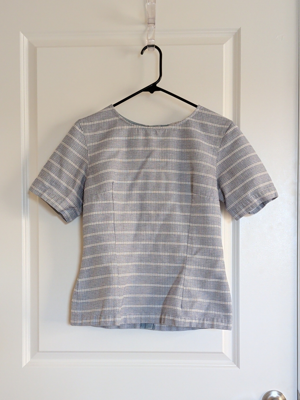 Signature Light Blue and White Striped Short Sleeve Peplum Top